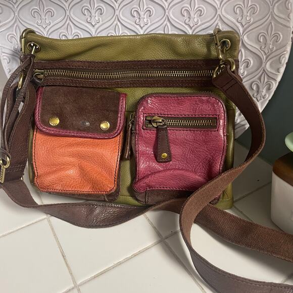 Fossil Multicolor Leather Crossbody Vtg Y2K Pockets Boho Retro Earthy Festival - Picture 1 of 7